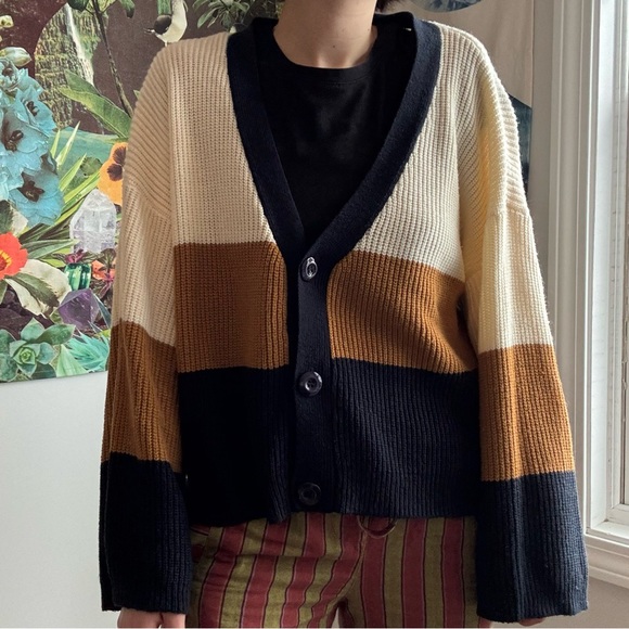 Sienna Sky Sweaters - Color Block Knit Cardigan With Navy Blue buttons